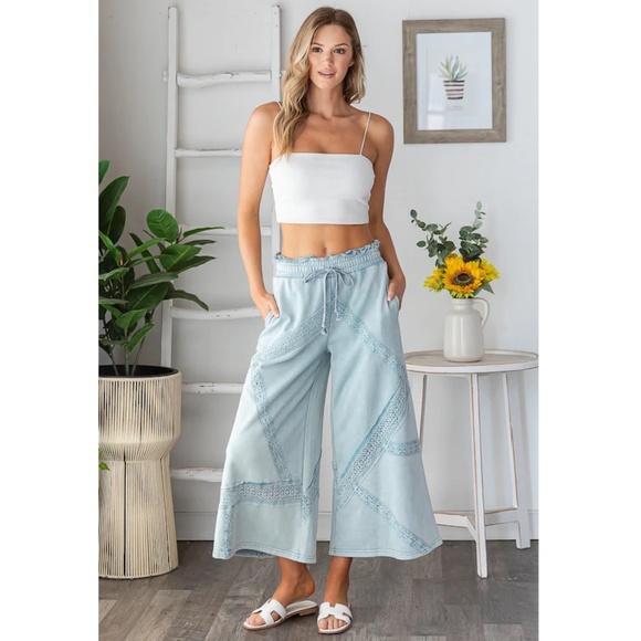 "The Leigha" Light Blue Lace Trim Wide Leg Pants - Picture 3 of 5